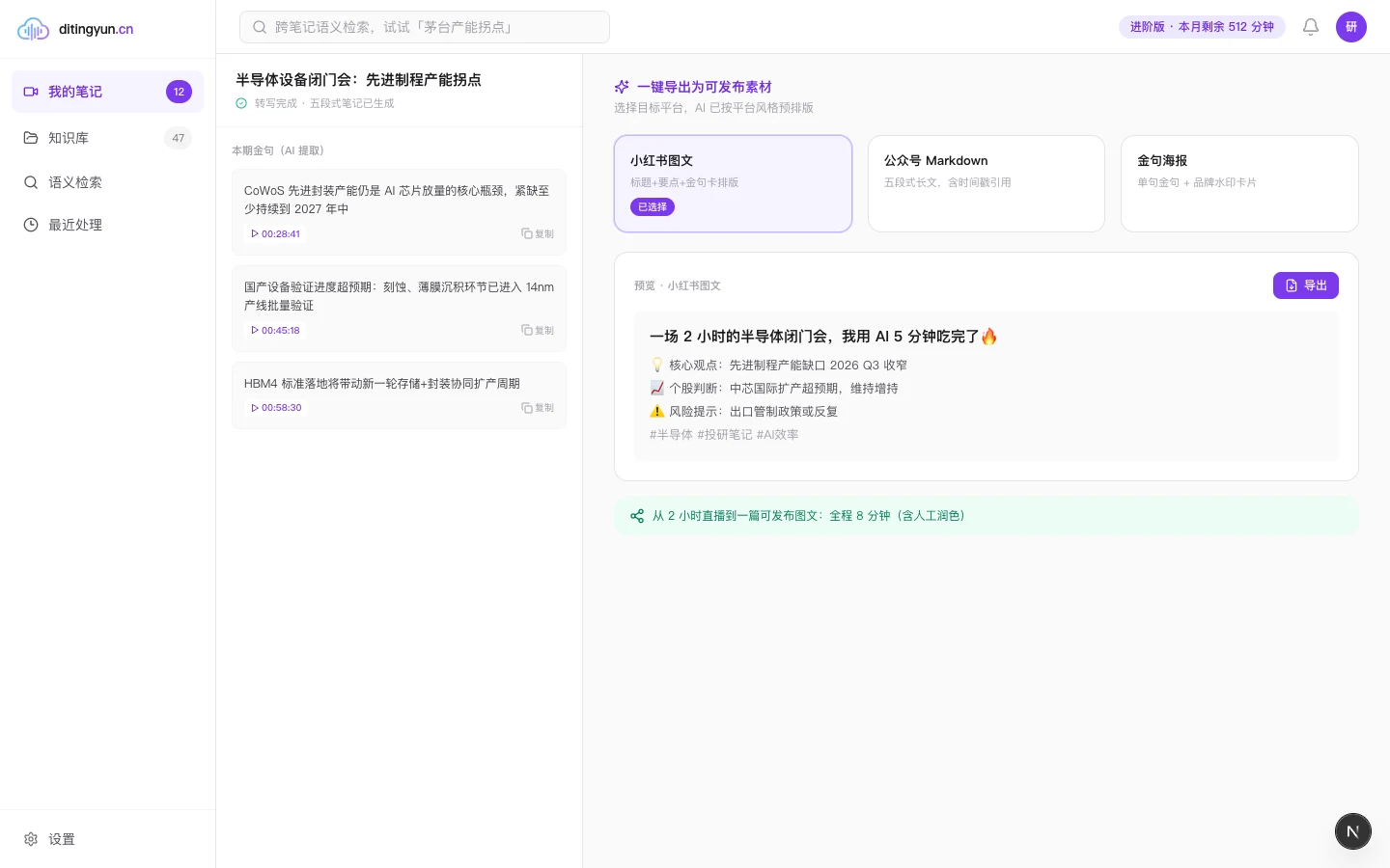 直播回放 → 可发布文案素材,一键导出小红书图文/公众号 Markdown/金句海报